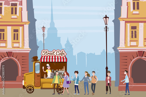 Coffee truck, barista, colored coffee shop outdoor composition, city, with buyers standing in line for coffee, men and women, teenagers, urban scene, vector, cartoon style, isolated