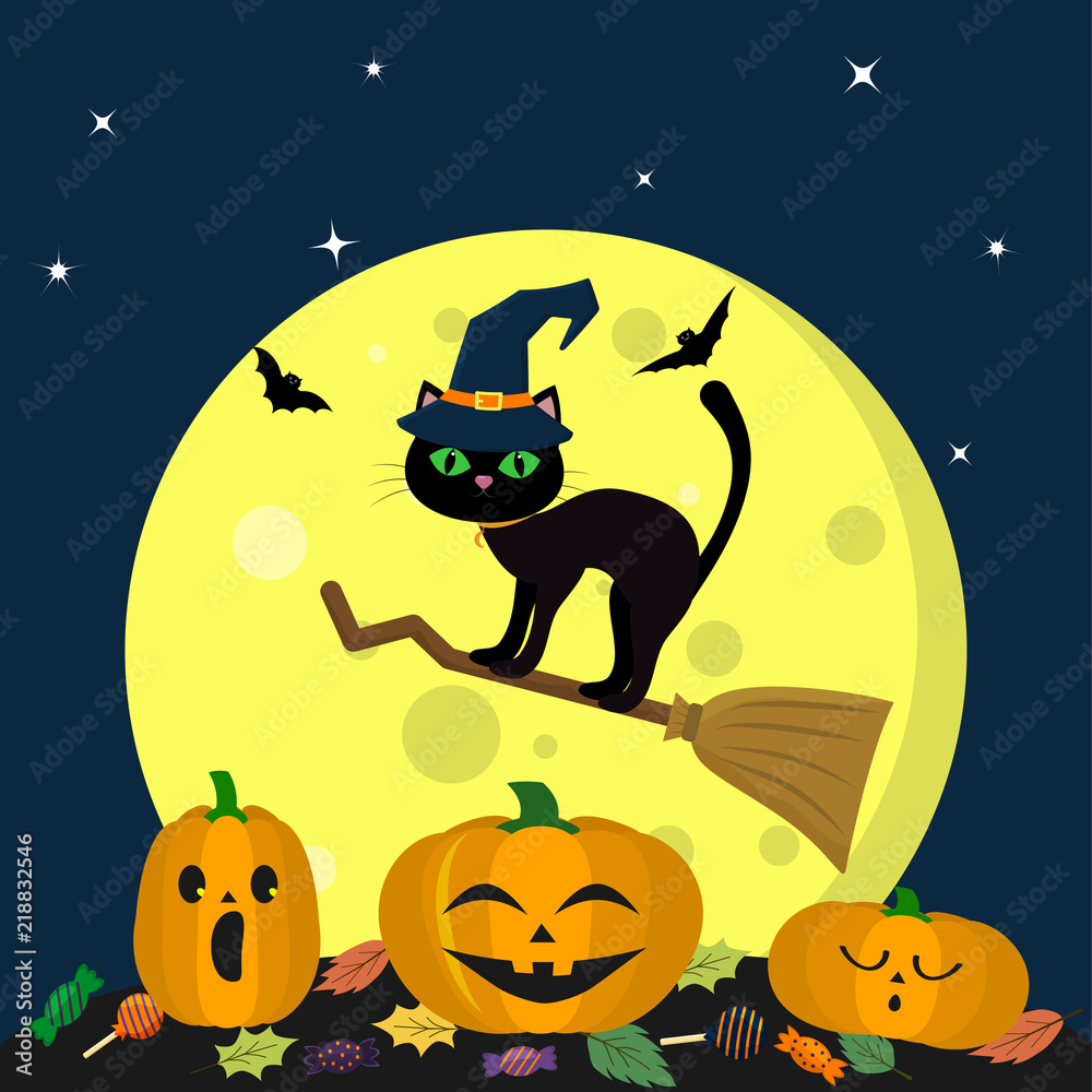 Fototapeta premium A Halloween cat in a witch hat flies on a broomstick against a full moon at night. Three pumpkin Halloween, candy and leaves, volatile vampires and stars. Autumn holiday.