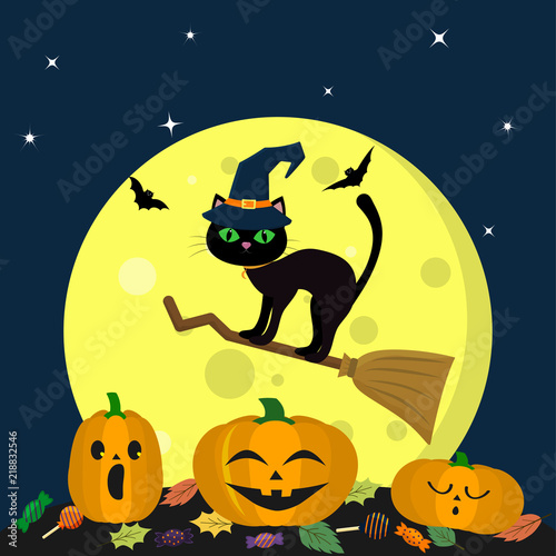 A Halloween cat in a witch hat flies on a broomstick against a full moon at night. Three pumpkin Halloween  candy and leaves  volatile vampires and stars. Autumn holiday.