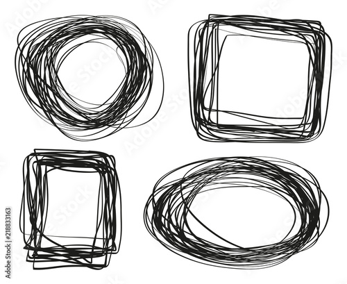 Chaotic geometric frames. Abstract tangled objects. Hand drawn dinamic scrawls. Black and white illustration. Backgrounds with stripes. Art creation. Sketchy doodles for work
