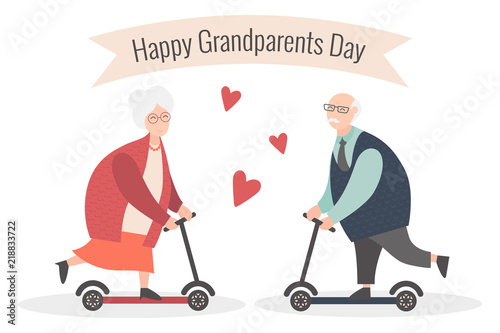 Happy Grandparents day. Vector cartoon illustration. Grandpa and grandma. Elderly couple. Old woman and old man on the scooter.