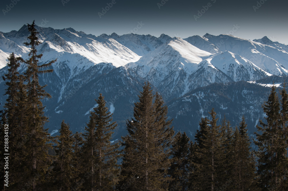 A view of the pine trees and mountains before heavy snow from the centre of a ski report in the Tirol, Austria