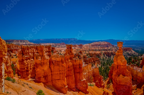 Great spires carved away by erosion in Bryce Canyon National Park, Utah, USA. The largest spire is called Thor's Hammer.