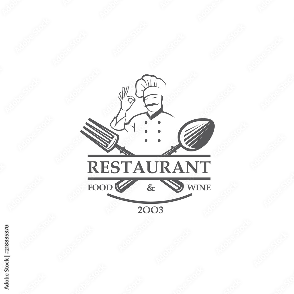 black restaurant label with chef, crossed spoon and fork isolated on white background black restaurant label with chef, crossed spoon and fork isolated on white background