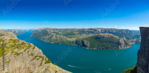 Lysefjord and Preikestolen cliff in summer day in Norway photo