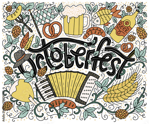 Greeting lettering postcard with raditional bavarian pattern symbols. Octoberfest lettering vector card with doodle elements.