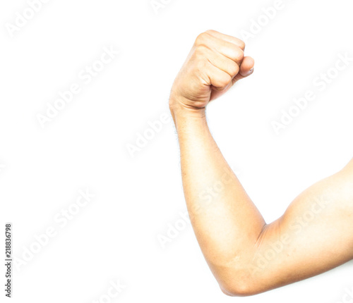 Show arms flex muscles on white background.