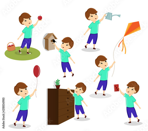 A set of images of children, children play, children help, girls and boys. Template, vector