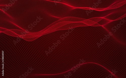 Abstract landscape on a red background. Cyberspace grid. Hi-tech network. 3D illustration