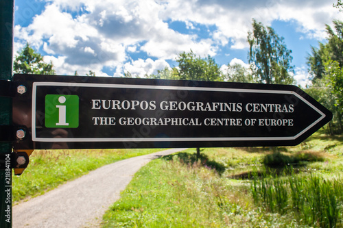 Road sign of geographic centre of Europe, Vilnius, Lithuania