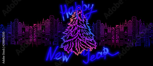 2019. New Year s card  neon city and Christmas tree  night view