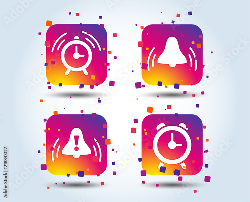 Alarm clock icons. Wake up bell signs symbols. Exclamation mark. Colour gradient square buttons. Flat design concept. Vector