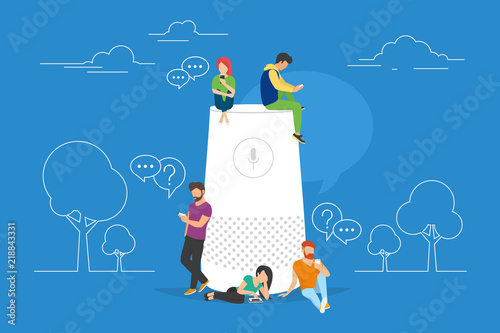 Smart speaker with virtual assistant concept vector illustration of people standing near speaker symbol using smartphone and tablet. Flat group of women and men with speech bubbles on blue background