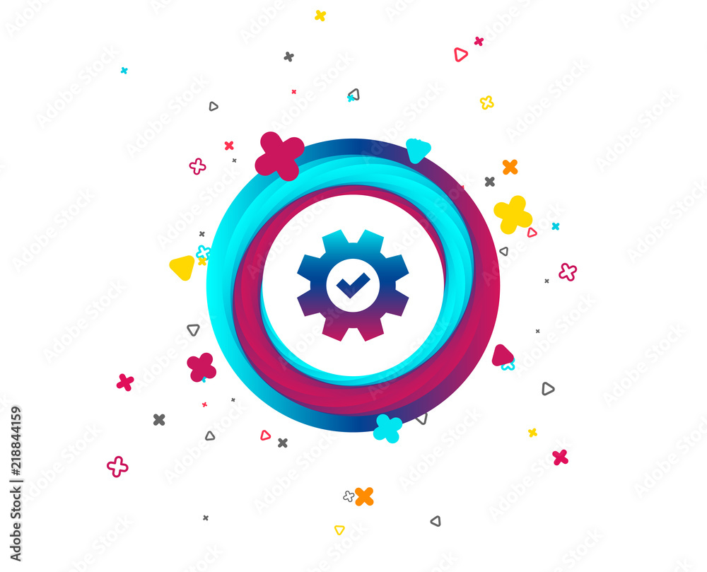 Fototapeta premium Service icon. Cogwheel with tick sign. Check symbol. Colorful button with icon. Geometric elements. Vector