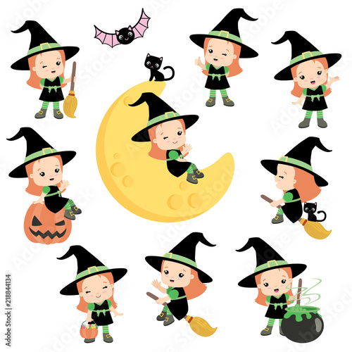 Cute Halloween Witch with Orange Hair Posing Design Elements Set Flat Vector Illustration Isolated on White