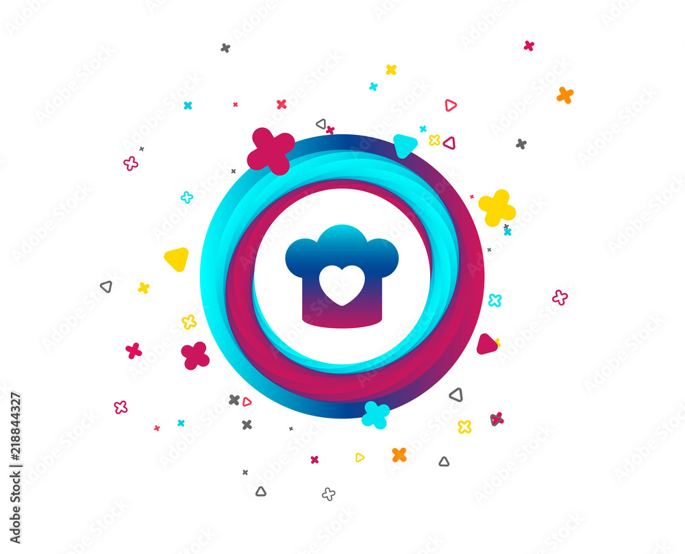 Obraz premium Chef hat sign icon. Cooking symbol. Cooks hat with heart love. Colorful button with icon. Geometric elements. Vector