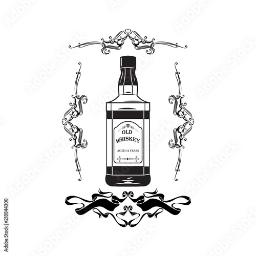 Alcohol Bottle Old Whiskey Drink Drinking Cocktail Bar Pub Bartender Vintage Glass. Vector.
