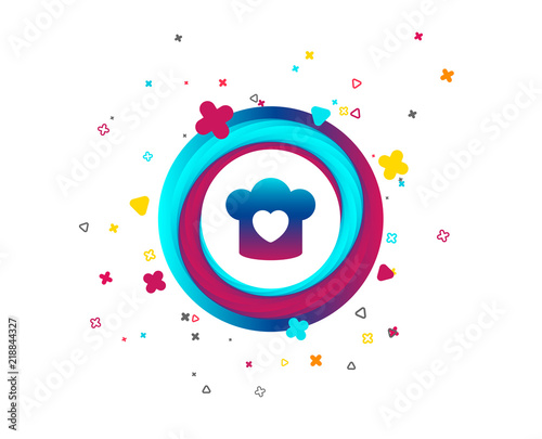 Chef hat sign icon. Cooking symbol. Cooks hat with heart love. Colorful button with icon. Geometric elements. Vector