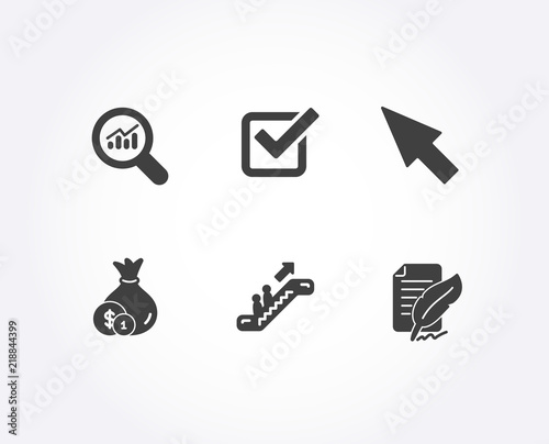 Set of Cash, Mouse cursor and Escalator icons. Data analysis, Checkbox and Feather signature signs. Banking currency, Click arrow, Elevator. Magnifying glass, Approved tick, Feedback. Vector