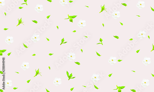 Floral pattern made of little white flowers, green leaves, branches on white background. Flat lay, top view. Valentine's background. Floral pattern. Pattern of flowers. Flowers pattern texture