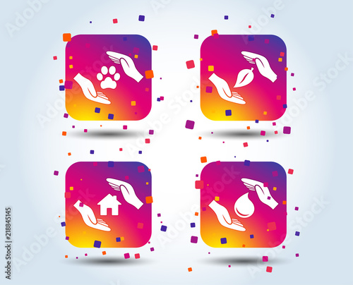 Hands insurance icons. Shelter for pets dogs symbol. Save water drop symbol. House property insurance sign. Colour gradient square buttons. Flat design concept. Vector