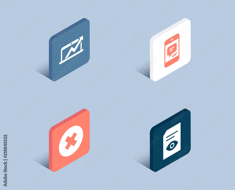Set of Close button, Sales diagram and Message icons. View document sign. Delete or decline, Sale growth chart, Phone messenger. Open file. 3d isometric buttons. Flat design concept. Vector Set of Close button, Sales diagram and Message icons. View document sign. Delete or decline, Sale growth chart, Phone messenger. Open file. 3d isometric buttons. Flat design concept. Vector