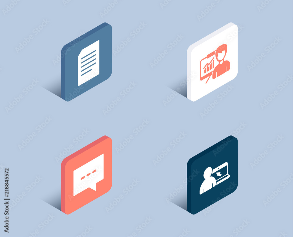 Set Of Document, Blog And Presentation Icons. Online Education Sign.  Information File, Chat Message, Education Board. Internet Lectures. 3D  Isometric Buttons. Flat Design Concept. Vector Stock Vector | Adobe Stock