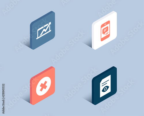 Set of Close button, Sales diagram and Message icons. View document sign. Delete or decline, Sale growth chart, Phone messenger. Open file.  3d isometric buttons. Flat design concept. Vector