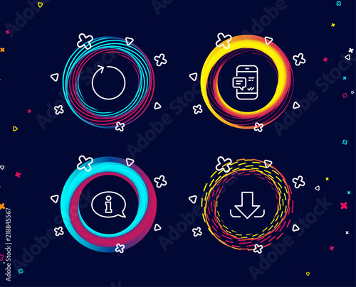 Set of Smartphone notification  Loop and Information icons. Download sign. Chat message  Refresh  Info center. Load file.  Circle banners with line icons. Gradient colors shapes. Vector