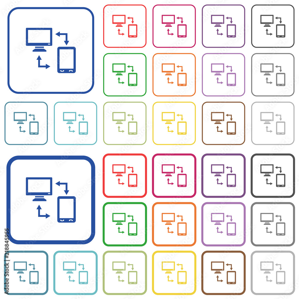 Connecting mobile to desktop outlined flat color icons
