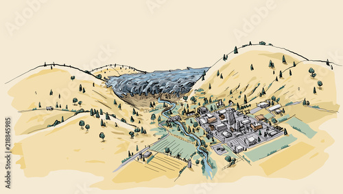 A cartoon landscape showing flood waters surging through a valley towards a small town.