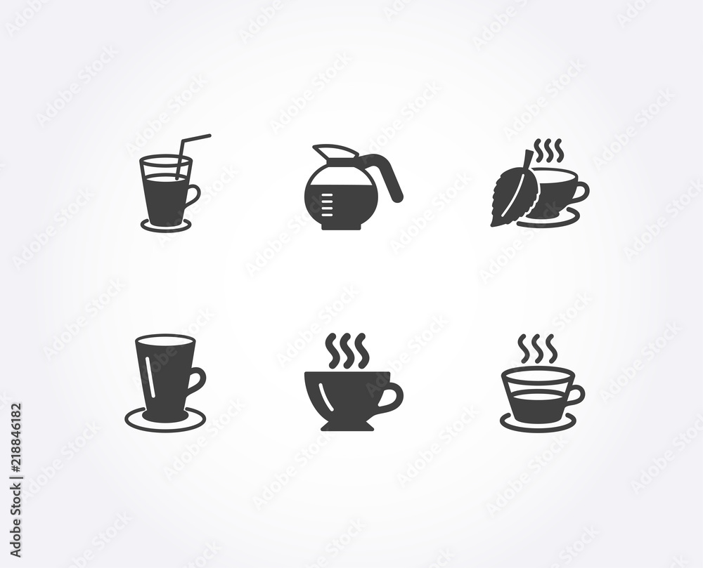 Set of Mint tea, Cocktail and Coffee icons. Teacup, Coffeepot and Coffee cup signs. Mentha beverage, Fresh beverage, Cappuccino. Tea or latte.  Quality design elements. Classic style. Vector