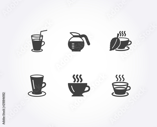 Set of Mint tea  Cocktail and Coffee icons. Teacup  Coffeepot and Coffee cup signs. Mentha beverage  Fresh beverage  Cappuccino. Tea or latte.  Quality design elements. Classic style. Vector