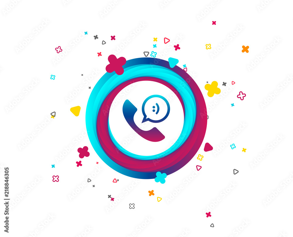 Naklejka Phone sign icon. Support symbol. Call center. Speech bubble with smile. Colorful button with icon. Geometric elements. Vector
