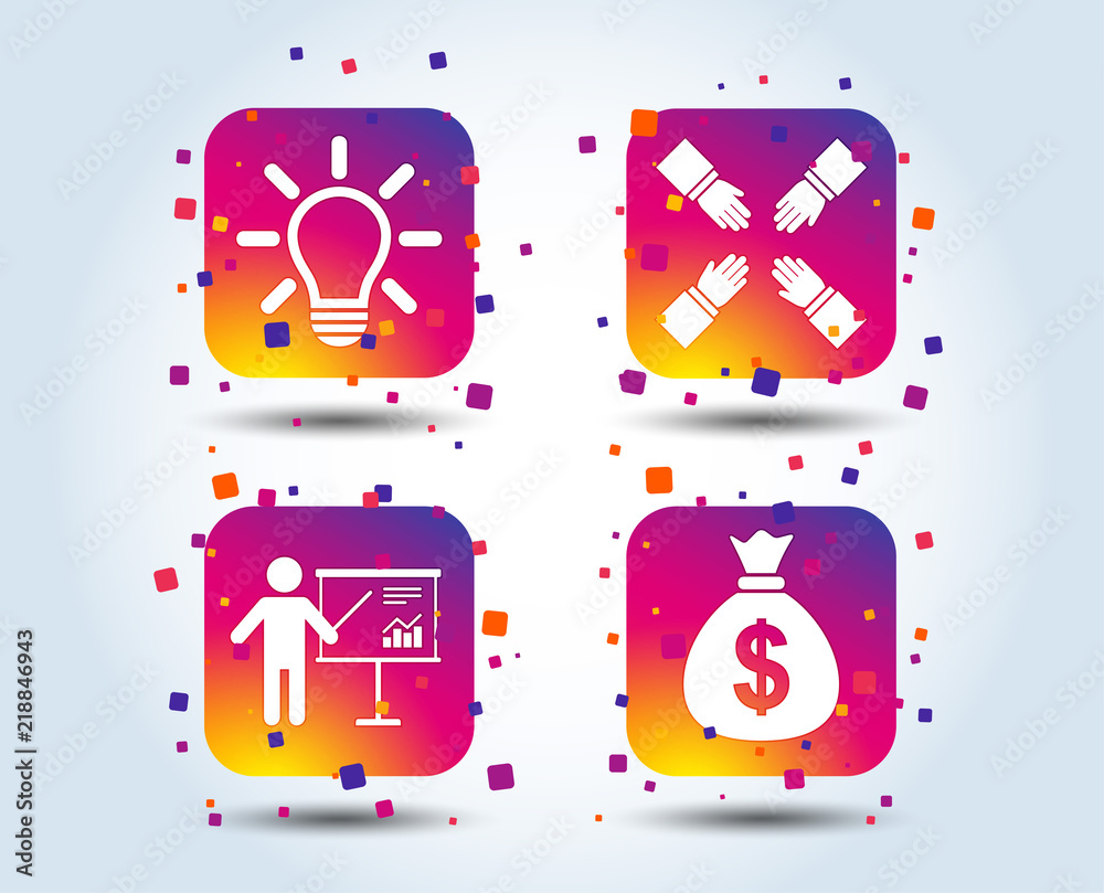 Presentation billboard icon. Dollar cash money and lamp idea signs. Man standing with pointer. Teamwork symbol. Colour gradient square buttons. Flat design concept. Vector Presentation billboard icon. Dollar cash money and lamp idea signs. Man standing with pointer. Teamwork symbol. Colour gradient square buttons. Flat design concept. Vector