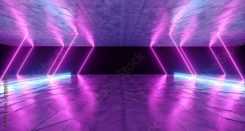 Fototapeta Naklejka Na Ścianę i Meble -  Futuristic Modern Sci-Fi Neon Tube Glowing Shapes On Rough Concrete Surface And Empty Space Between Purple And Blue Colors 3D Rendering