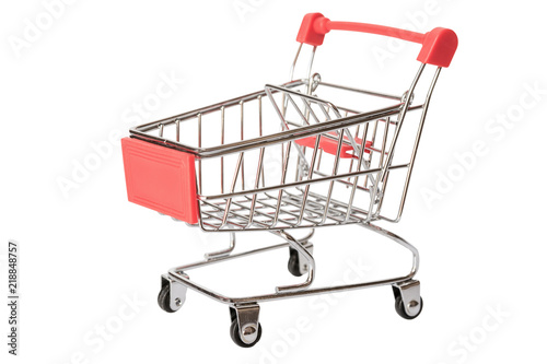 Red shopping cart or empty supermarket cart isolated on white background with clipping path