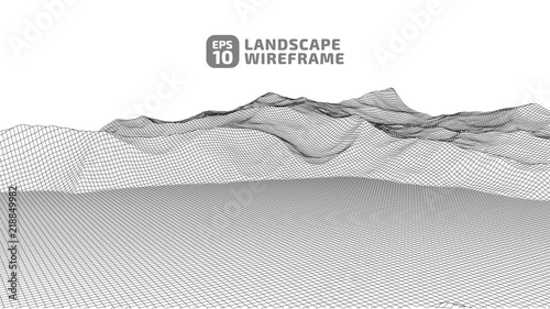 Abstract wireframe background. 3D grid technology illustration landscape. Digital Terrain Cyberspace in the Mountains with valleys. Data Array.