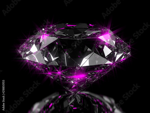 Close-up on a diamond on a semi glossy plane with pink reflection