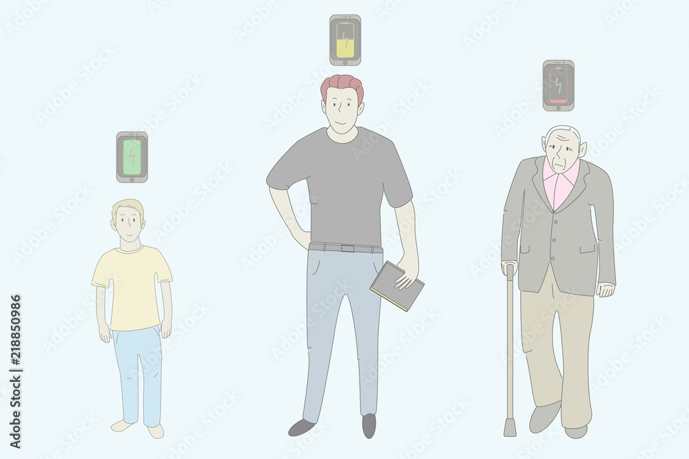 Smartphones shows lifespan of people. Smartphones shows energy of people. Set of people with smartphones. Kid, man and old man stands with smartphones. Age group. Doodle design. Vector design illustra