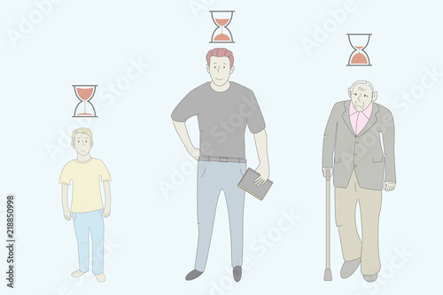 Hourglass shows lifespan, energy and deadline. Set of people with hourglass. Kid, man and old man stands with hourglass. Age group. Doodle vector design illustration. Creativity. Time concept