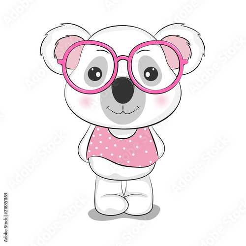 Cute cartoon koala in pink glasses. Greeting card.