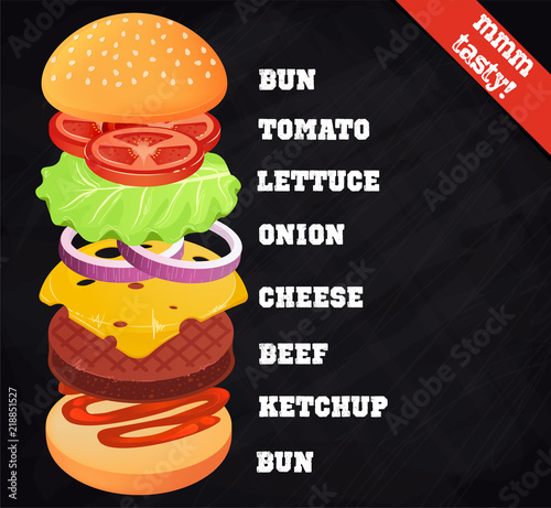 Ingredients burger designer. Constructor of food and meat and vegetables and cheese 