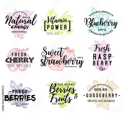 Wild and garden berries lettering icons
