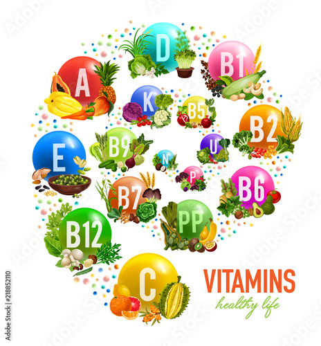 Fruits, nuts and vegetable vitamins, vector