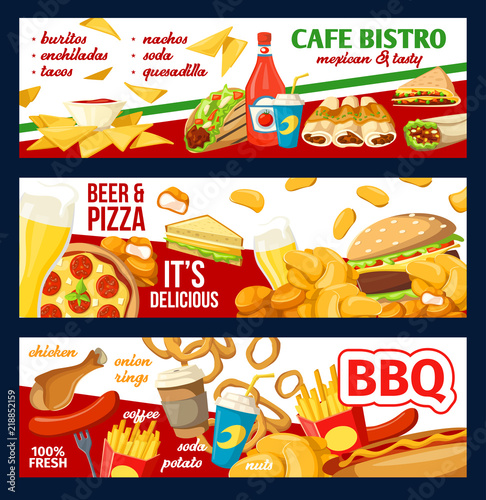 Fast food cafe bistro menu and pizza banners
