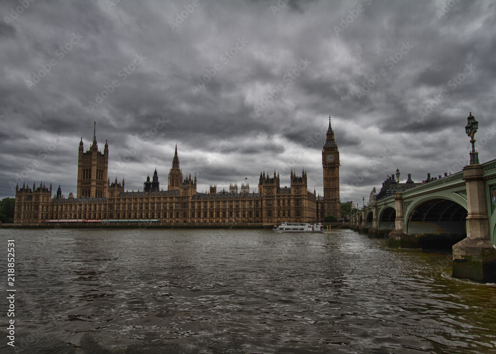 British Parliament with foreboding sky