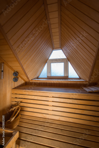 Luxury interior of wooden home sauna, spa concept