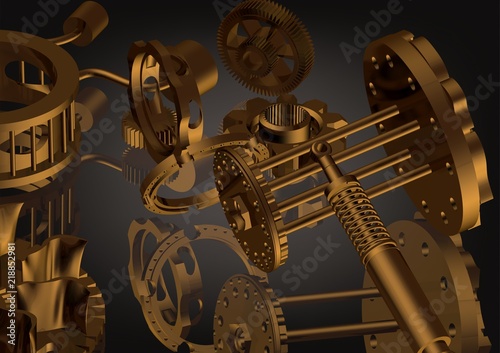 Golden disassembled gear mechanism on a black