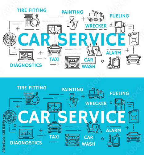 Car service and auto repair vector line icons